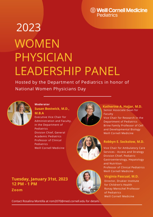 2023 Women Physician Leadership Panel flyer with headshots of Susan Bostwick, Katherine A. Hajjar, Robbyn E. Sockolow and Virginia Pascual