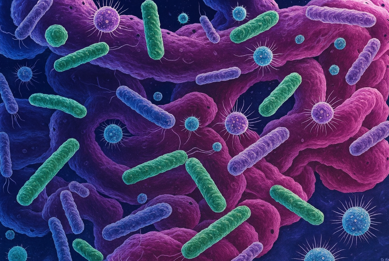 Illustration of gut microbes superimposed on intestines. Credit: Image generated using Grok and provided by the Zeng lab.